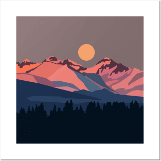 Sunset in snowy mountains Posters and Art